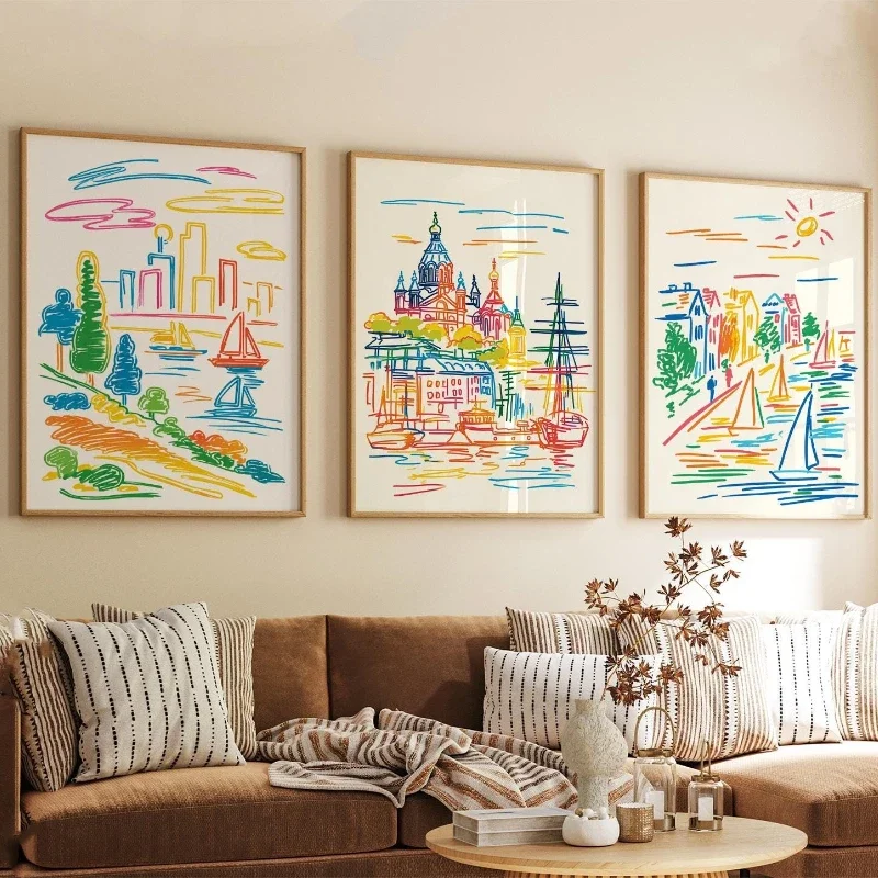 3pcs frameless Canvas Painting 3pcs Colorful Coastal City Sketch Posters Frameless Canvas Art from Helsinki, Finland Home Decor
