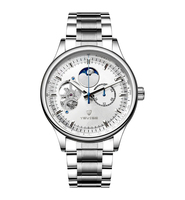 Tevise Men's Automatic Mechanical Watch Stainless Steel Skeleton Watch with Moon Phase Waterproof Fashion Casual Wristwatch