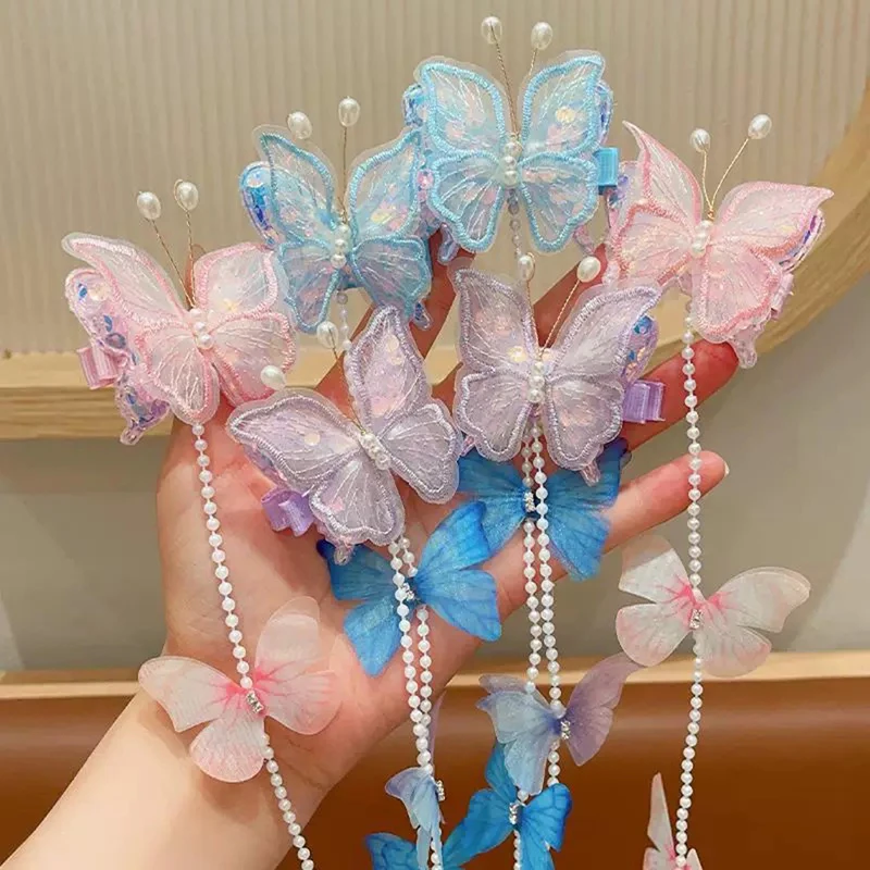 Princess Girls Gauze Butterfly Hair Clips Pearl Tassel Braid Hairpins Sweet Children Festival Dress Up Hair Accessories 2pcs