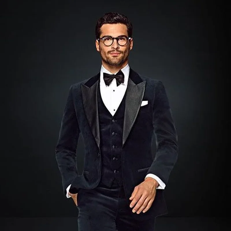 

Formal Peak Lapel Men Suits 3 Piece Chic Navy Blue Velvet Casual Wedding Groom Tuxedo Slim Fit Male Suit (Blazer+Vest+Pants)