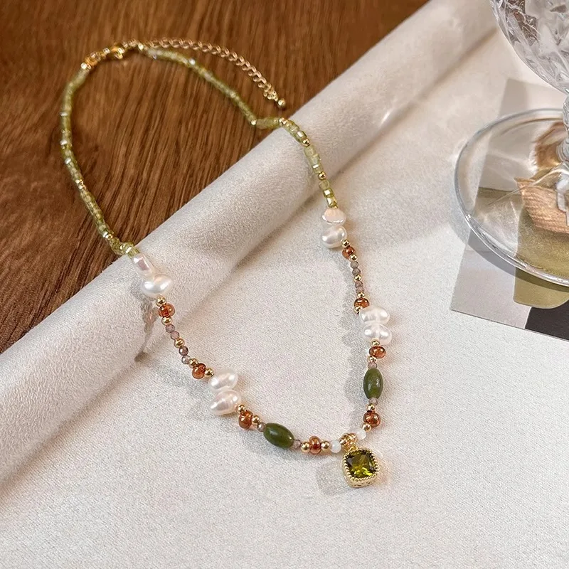 

2025 Hot Sale Elegant Emerald Olivine Stone Natural Freshwater Pearl 14K Gold Filled Female Chain Necklaces Jewelry For Women