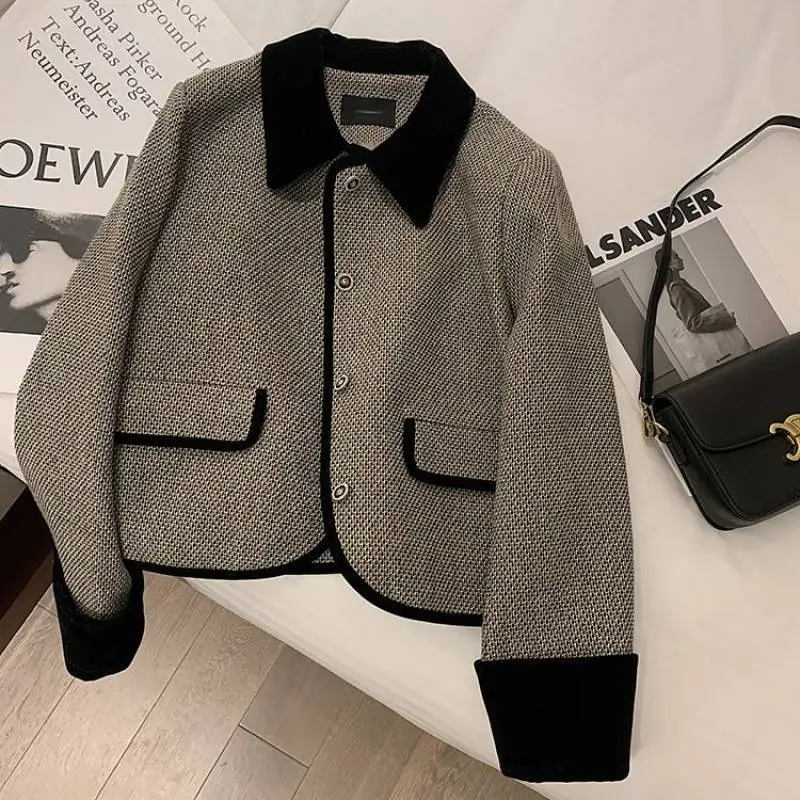 Women's 2026 New Autumn And Winter Plush Thickened Suit Coat Short Fashion Loose Versatile Grey Splice Casual Female Blazers