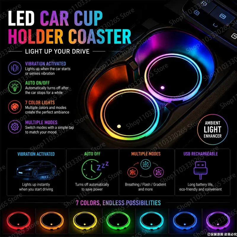 LED Car Cup Holder Coaster, 7 Colors RGB Light Up Pad with Vibration Sensor, USB Rechargeable Auto Ambient Light