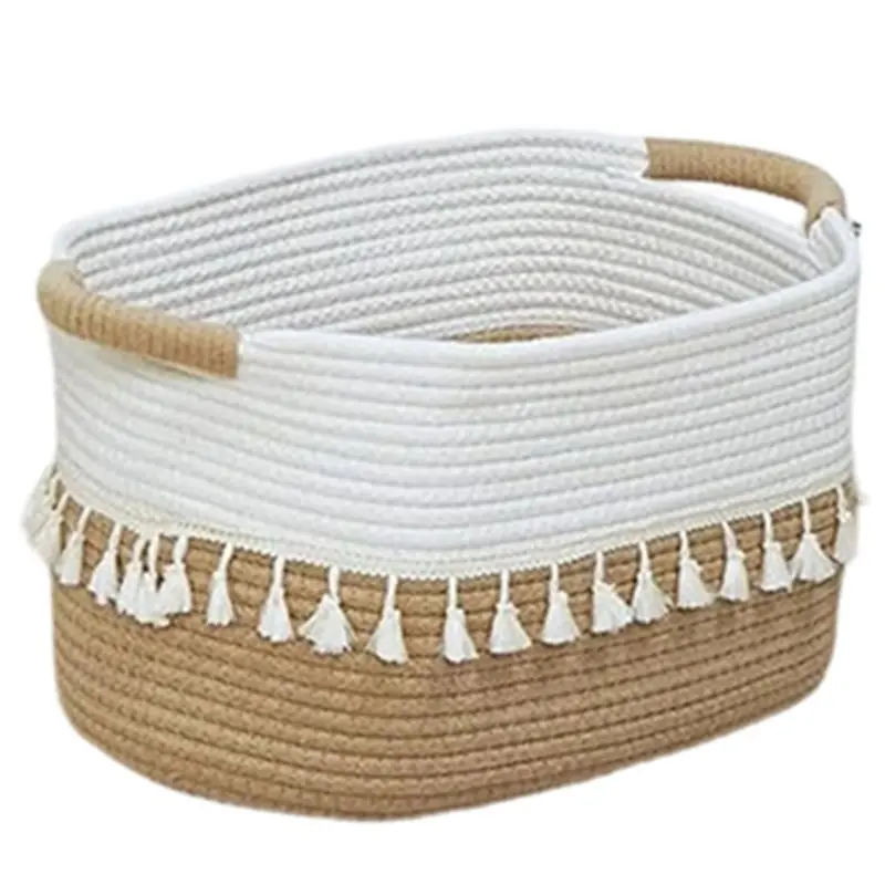 

BAAR-Woven Cotton Rope Boho Style Clothes Storage Basket 38X26x22cm Bin For Books Plants Treats