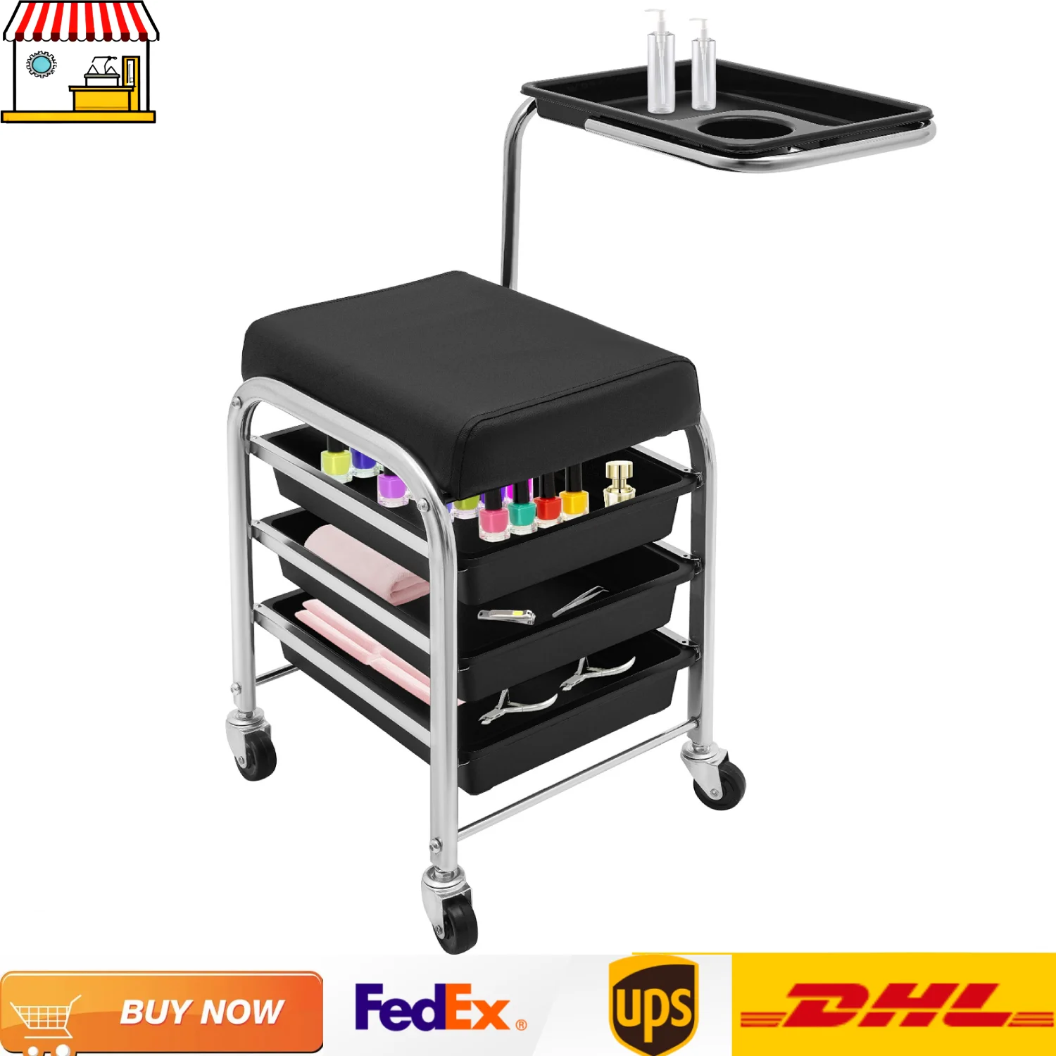 

Manicure Trolley Cart| White/Black Beauty Salon Trolley with 4 Tool Trays| Rolling Storage Organizer for Nail Technician Tools