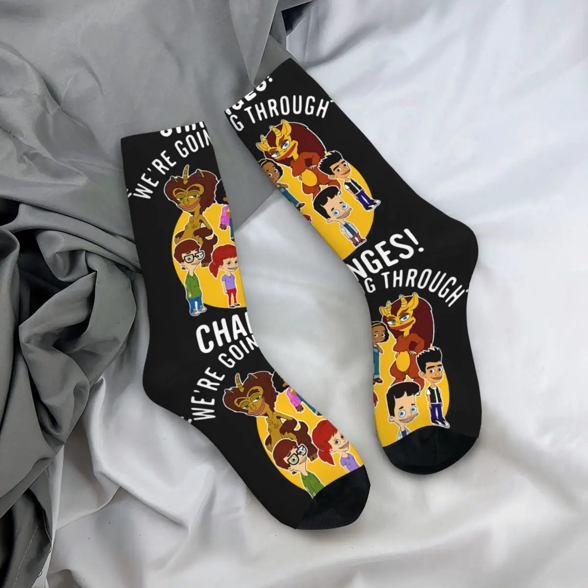 Funny Happy Men\'s Compression Socks We Are Going Through Changes Retro Harajuku Big Mouth Nicholas Rick Animated TV Hip Hop Sock