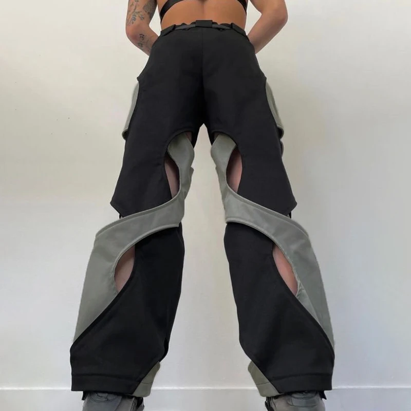 y2k Techwear Casual Pants Chic Contrast Hollow Out Baggy Women Cargo Pants Streetwear Low Rise Sweatpants Korean Fashion