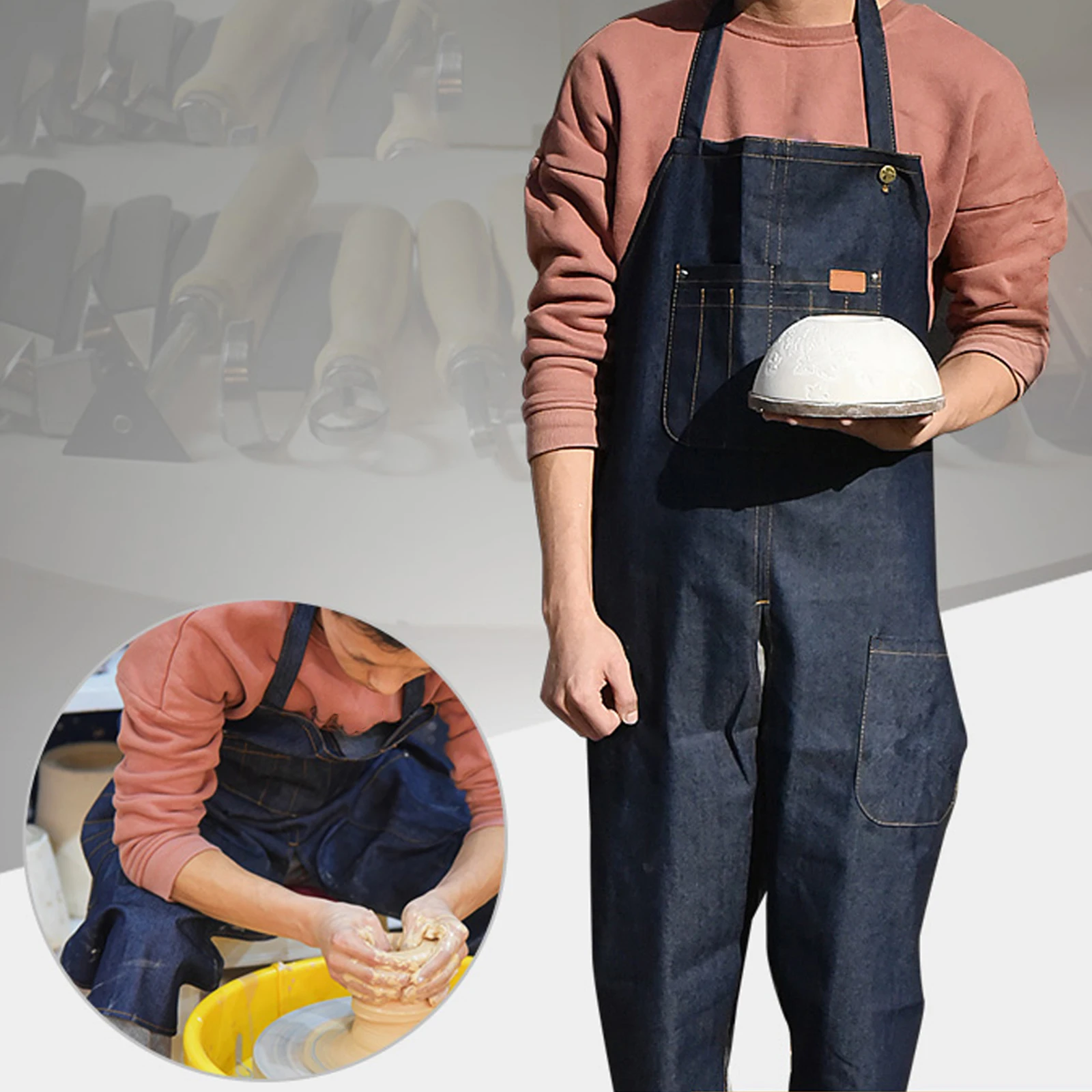 Pottery Denim Split Leg Apron Portable Breathable Hanging Neck Mens and Womens for Kitchen Yard Crafts Ceramic Sculpture Gift