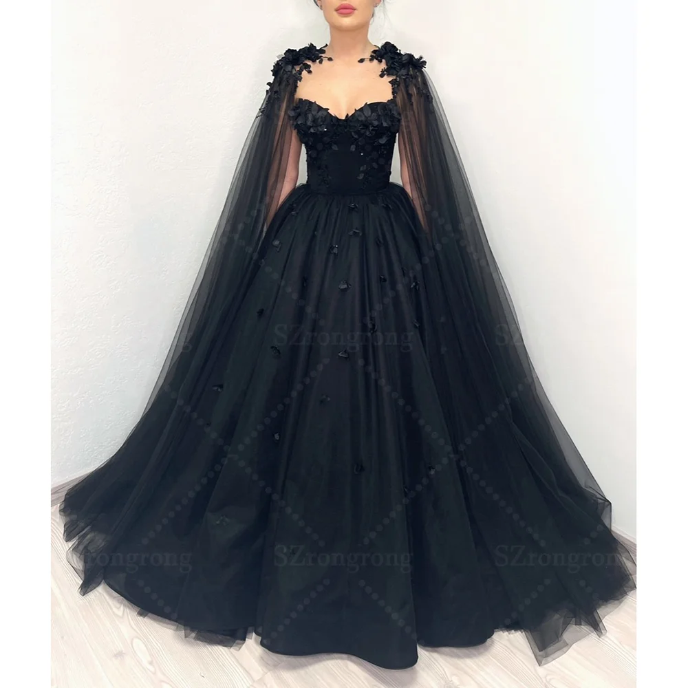 

Black Sweetheart Collar Tulle Princess Wedding Dress Lace up Back 3D Floral Lace A-line Bridal Dress with Train Custom Made