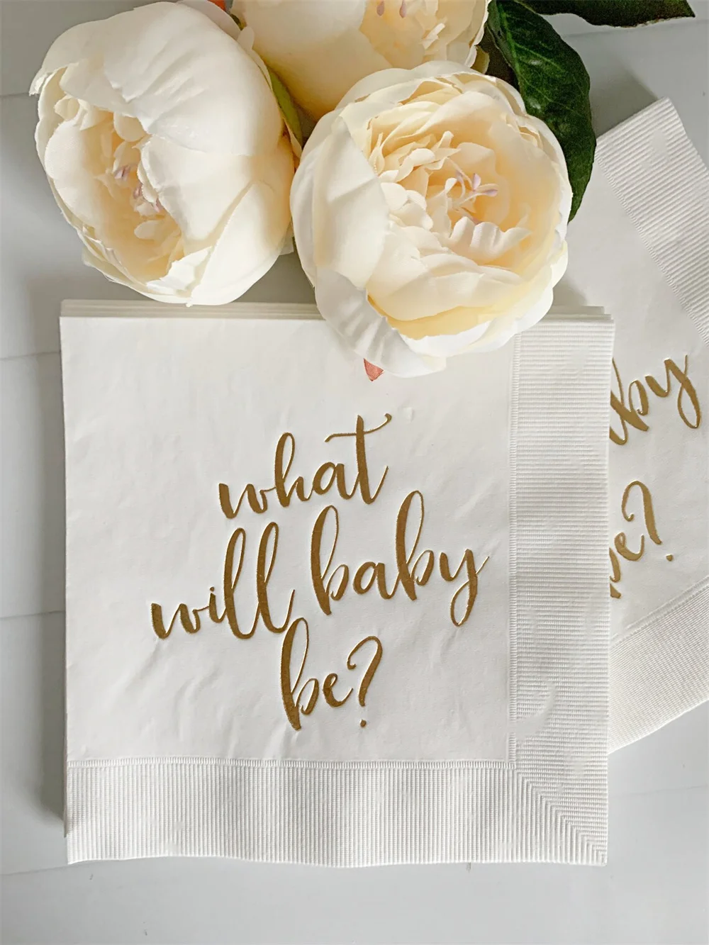 

Gender Reveal What Will Baby Be Napkins - White with Gold