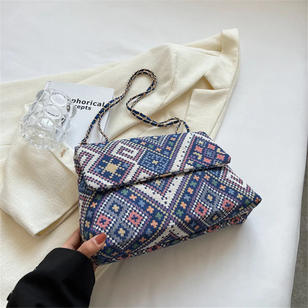 Ethnic Style Casual Commuting Crossbody Bag Summer New Styles Chain Shoulder Bag Fashion Simple Canvas Tote Bag 2024 New