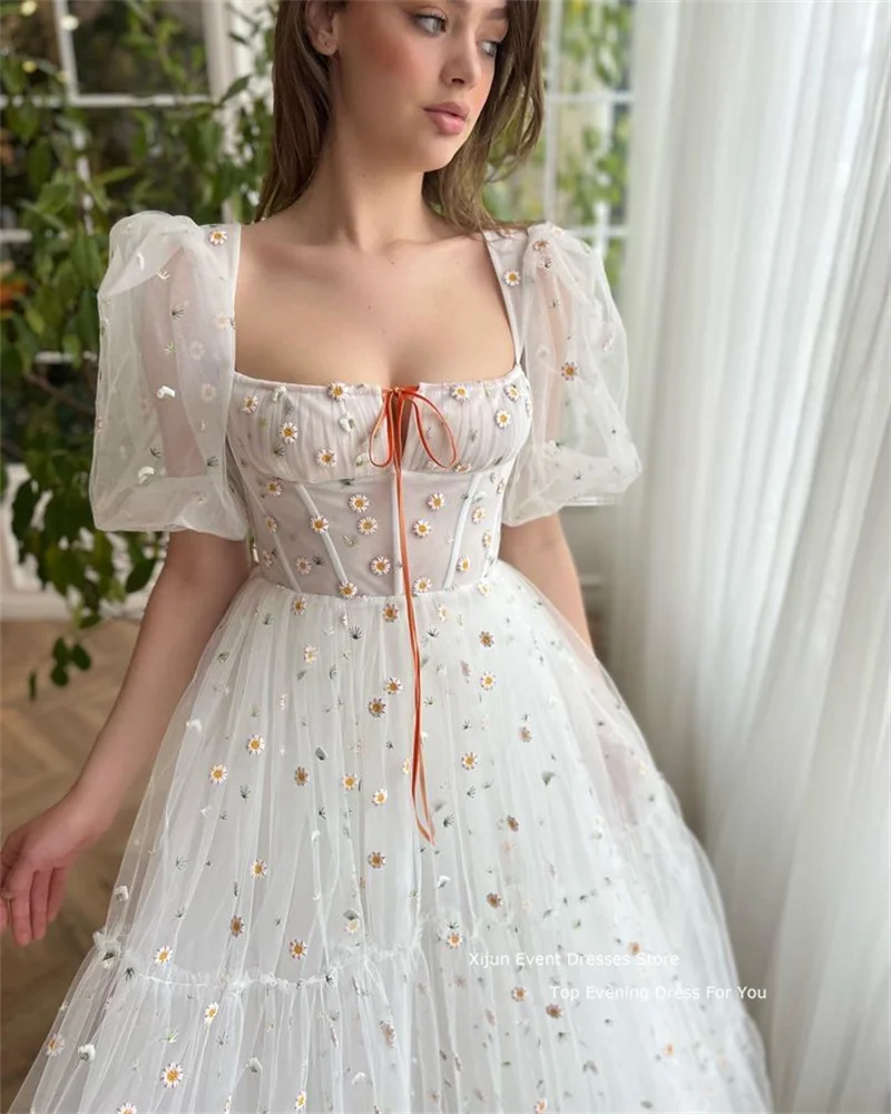 Xijun Fairy White Tulle Evening Dress Puff Sleeves Prom Dresses Floor Length A-Line Party Dress Flower Embroidery 2023 Prom Gown