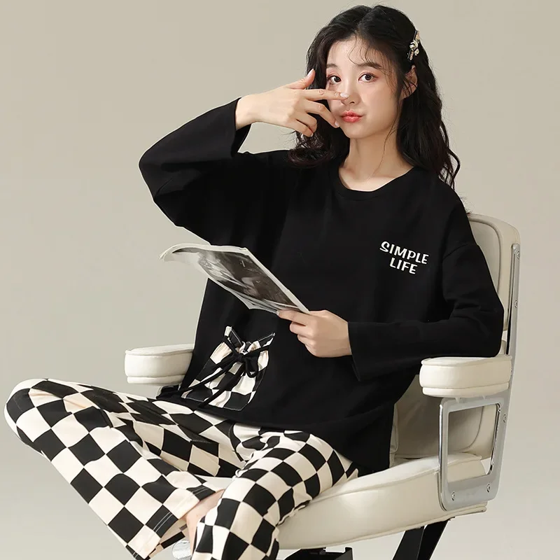 Double-Sided Pure Cotton Pajamas Women's Spring Autumn Plaid Two-piece Set Long Sleeve Set Fashionable Elegant Home Clothes