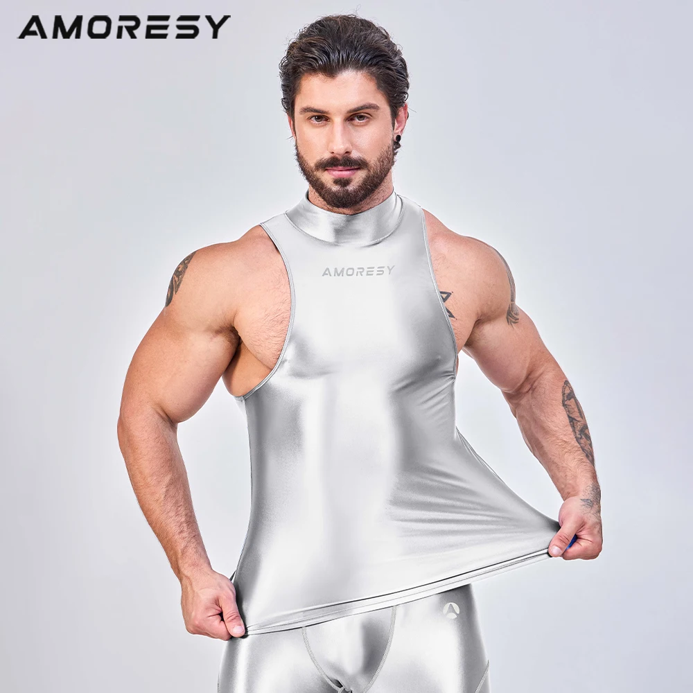 AMORESY Men\'s Satin Glossy High Neck Activewear Tops Sports Breathable Sleeveless Tights Running Breathable Spandex Hurdle Vest