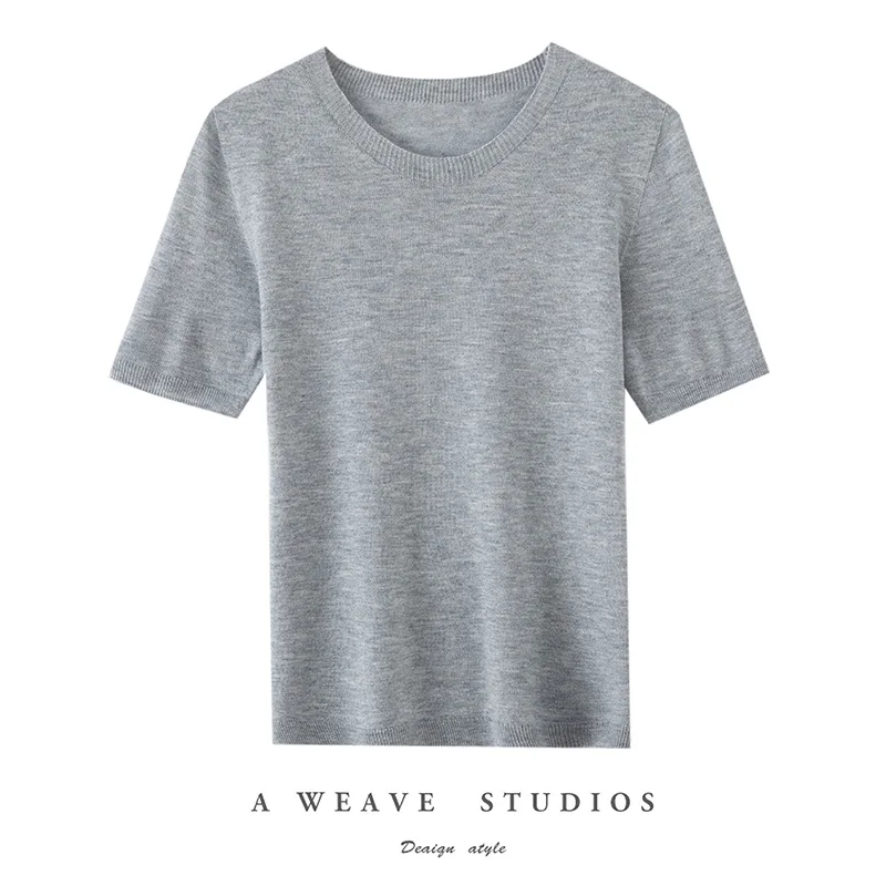 Summer New Short-Sleeved Round Neck Knitting Sweater Women's Ice Silk Thin Casual Wool T-Shirt Loose Temperament Top