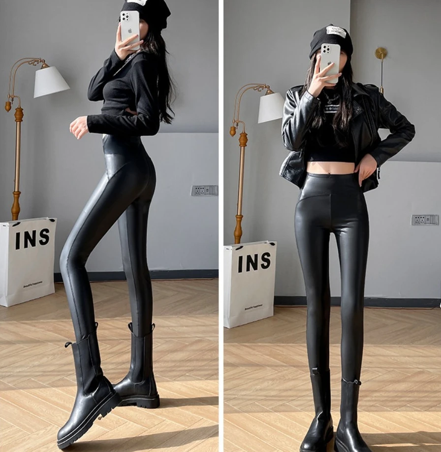 Herbst Winter Damen High Waist Tights Stretch Weiche Dünne Fleece Leggings Sexy Schlankmachende PU-Lederhosen Modische Damenkleidung – Detail 13