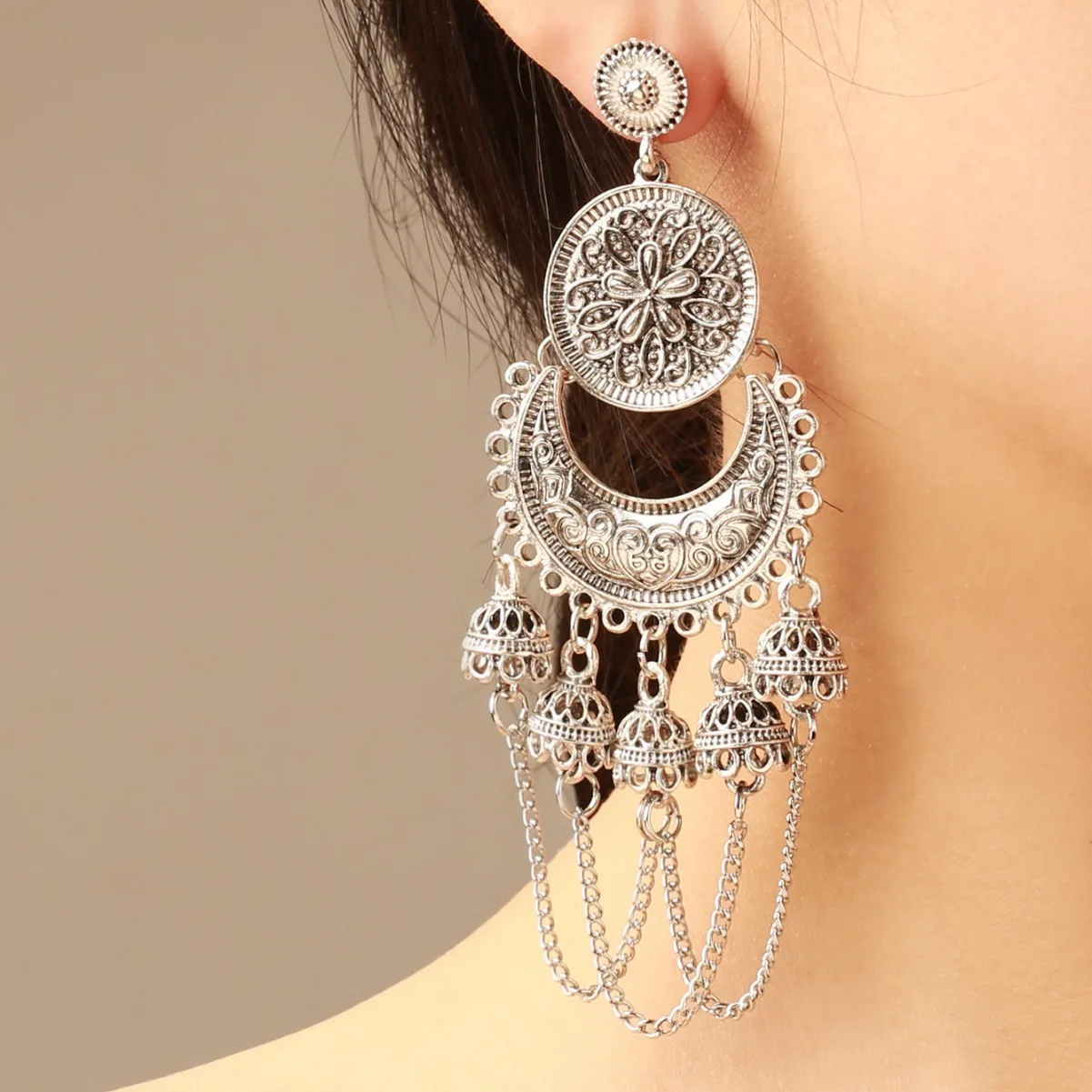 European and American new round chain long fringed bell earrings retro gothic exotic women's alloy earrings