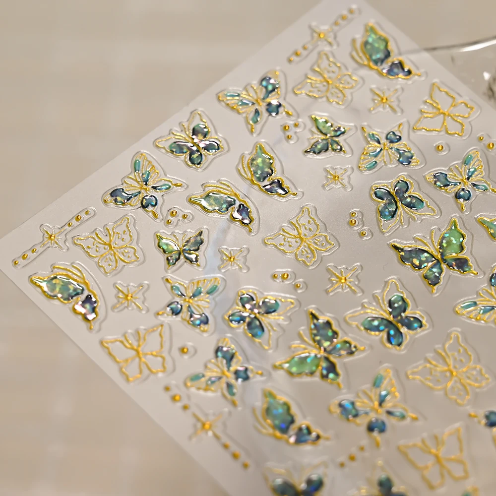 1 قطعة 5D الطاووس الأخضر هلام فراشة مسمار ملصقات الخط الذهبي الفراشات ذاتية اللصق مسمار الشارات الكورية مسمار الفن الديكور #2