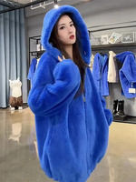 European 2024 Autumn Winter New Female Item High-end Niche Unique and Chic Thick and Warm Klein Blue Hooded Lambhair Jacket