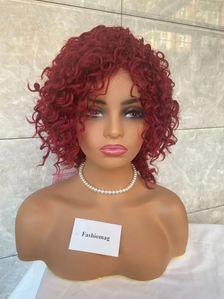 Medium Kinky Curly Burgundy Red Human Hair Blend Heat Ok Synthetic  Women Natural Wig