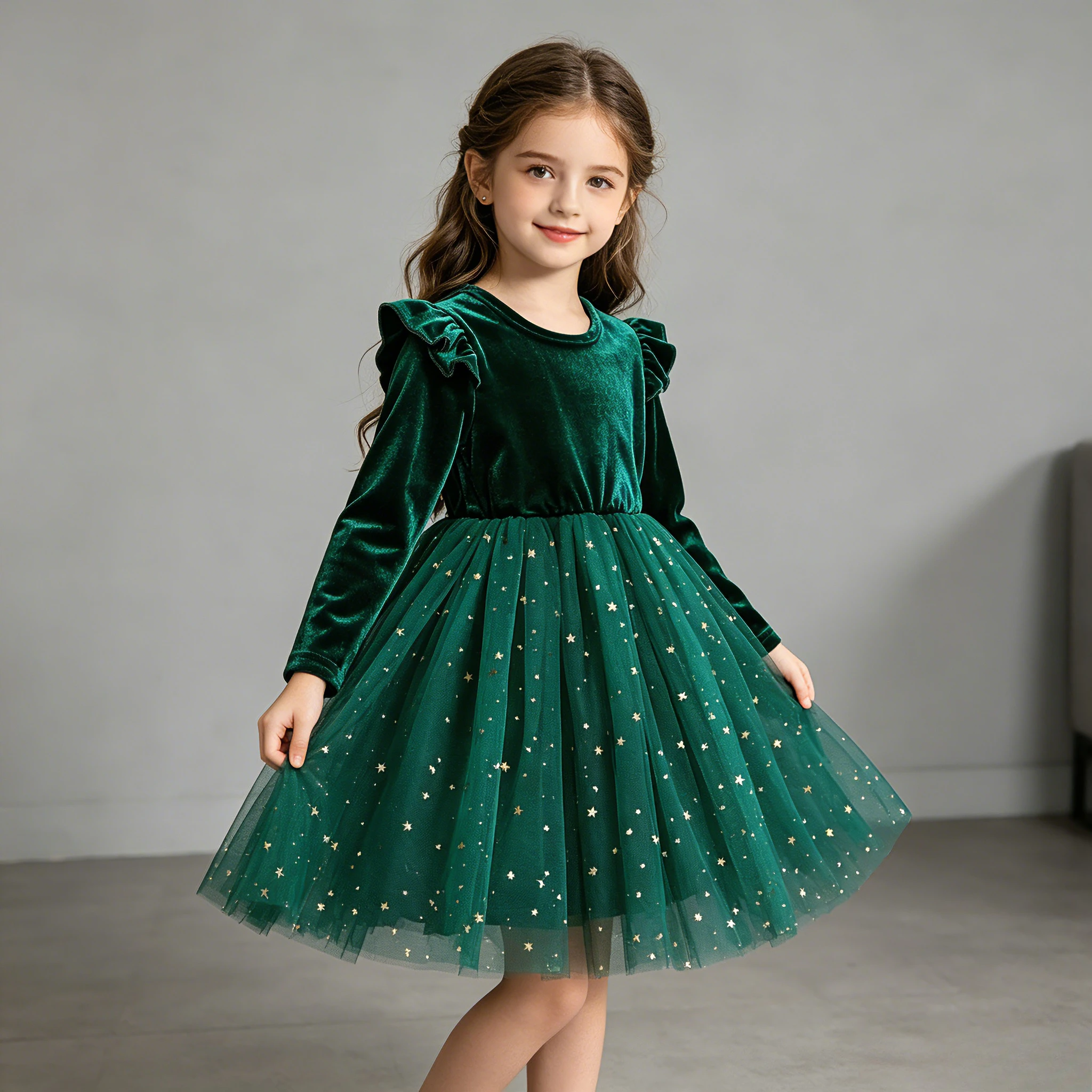 

Girls Christmas Velvet Dress Long Sleeve Ruffle Shoulder Star Tulle Skirt Green for New Year Party Gathering Holiday Kids Dress