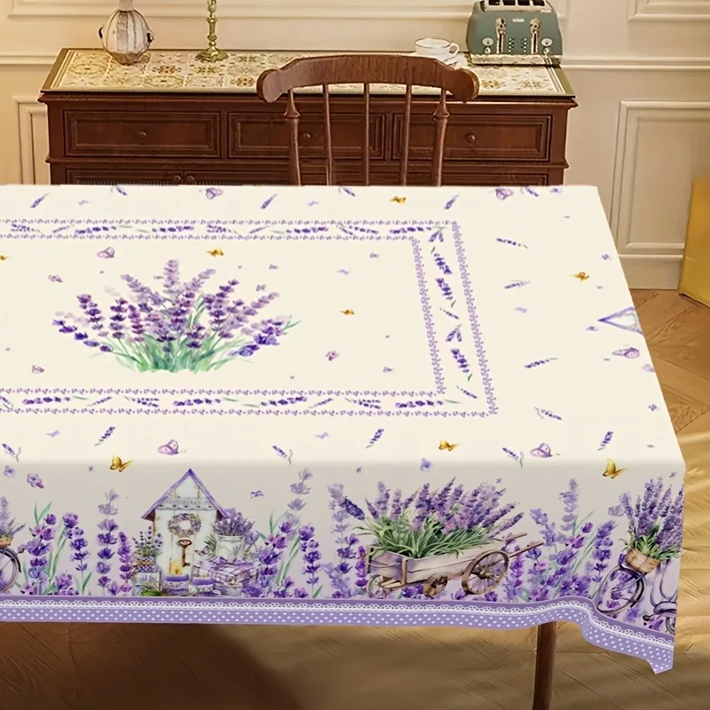 Lavender-colored tablecloth - featuring purple flowers and a bicycle garden design.