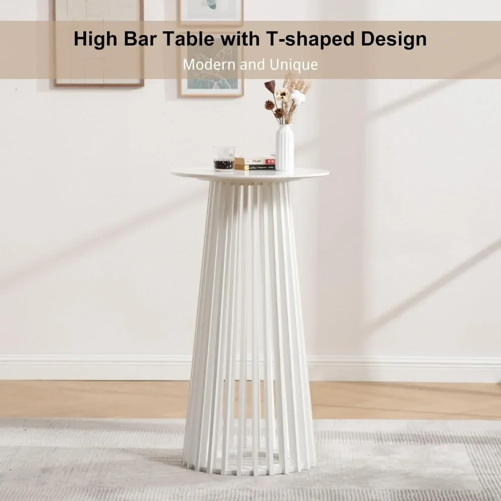 Bar table, circular set, counter height 43.5 inches base dining table, kitchen with solid wood strip high bar, white bar table