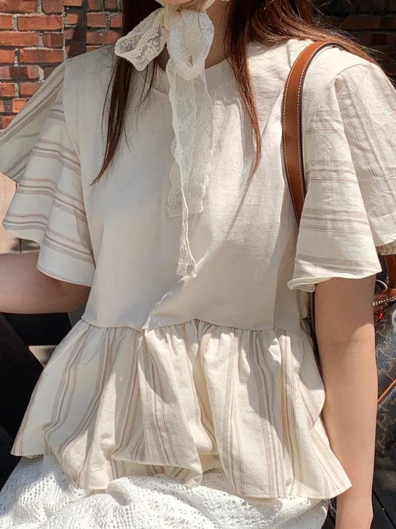 

Striped Splice Women's T-irt Loose Fit ort Sle Age-Defng Top Commute Spring Summer round Ne ort Sve Tee