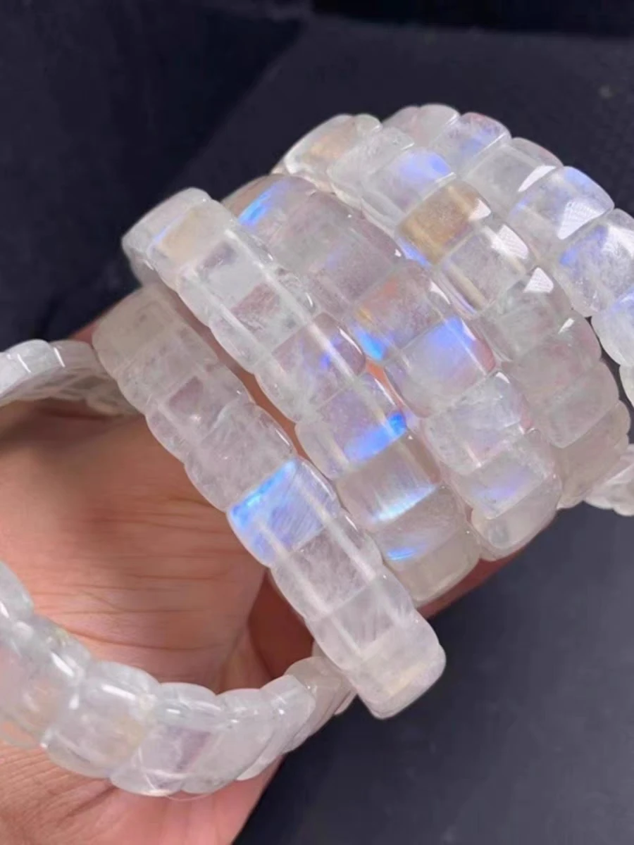 Natural Blue Light Moonstone Carved Clear Rectangle Beads Bracelet 12x8mm Women Men Jewelry Moonstone Beads AAAAA