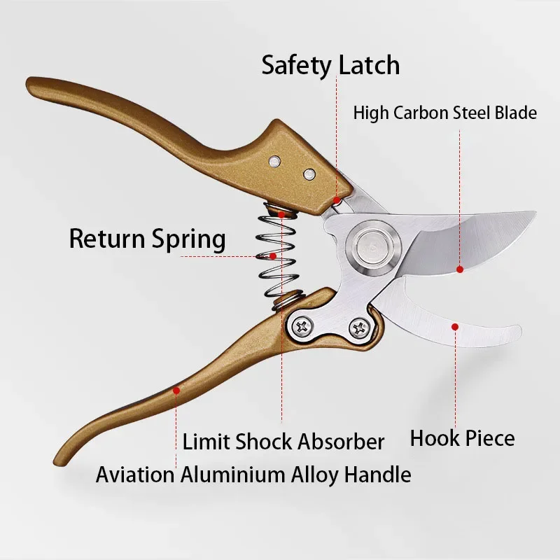 عالية الكربون الصلب شفرة الذهبي الطيران سبائك الألومنيوم مقبض قوي التقليم القص شجرة الفاكهة 8.5 بوصة حديقة مقص أدوات