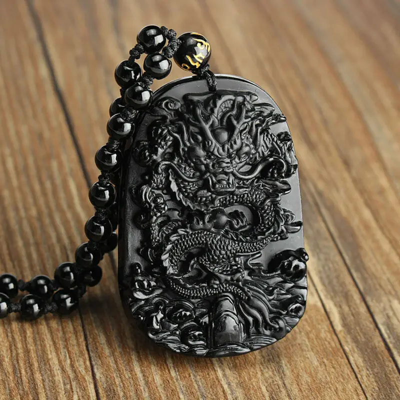 Natural Black Obsidian Hand Carved Dragon Head Lucky Amulet Pendant Necklace for Gift Collectible