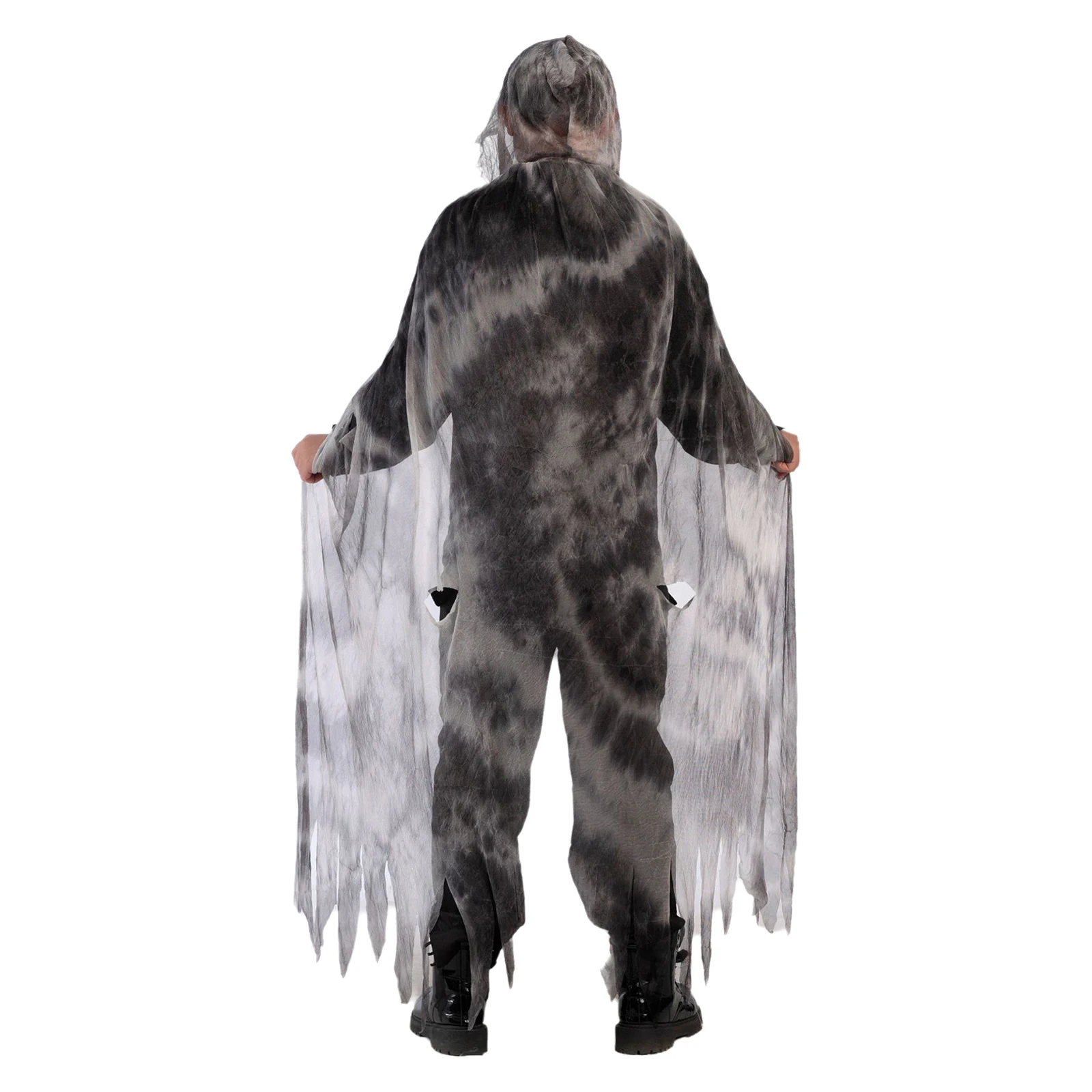 Men Women Hood Cloak with Exaggerated Ripped Mesh Lace-up Cape for Halloween Cosplay Theme Party Masquerade 4