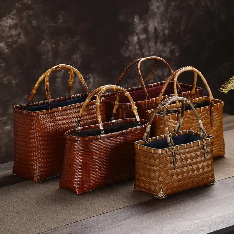 Portable Bamboo Woven Bag Women Retro Handmade Basket Intangible Cultural Heritage Craft Natural Straw Shoulder Tote Purse