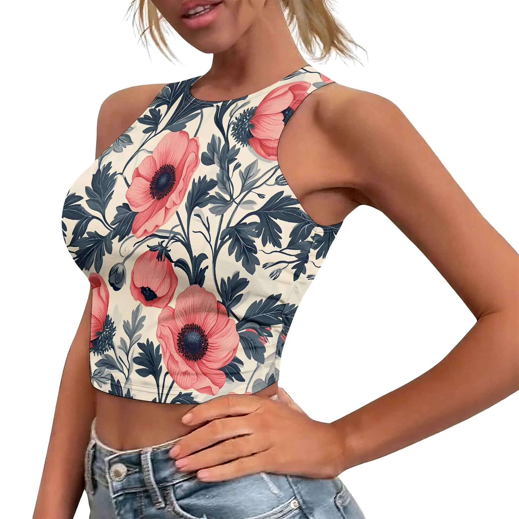 Poppy Print Crop Top, Floral Tank Tops for Women, Sleeveless Summer Blouse, Beach Vacation Outfit, S-2XL