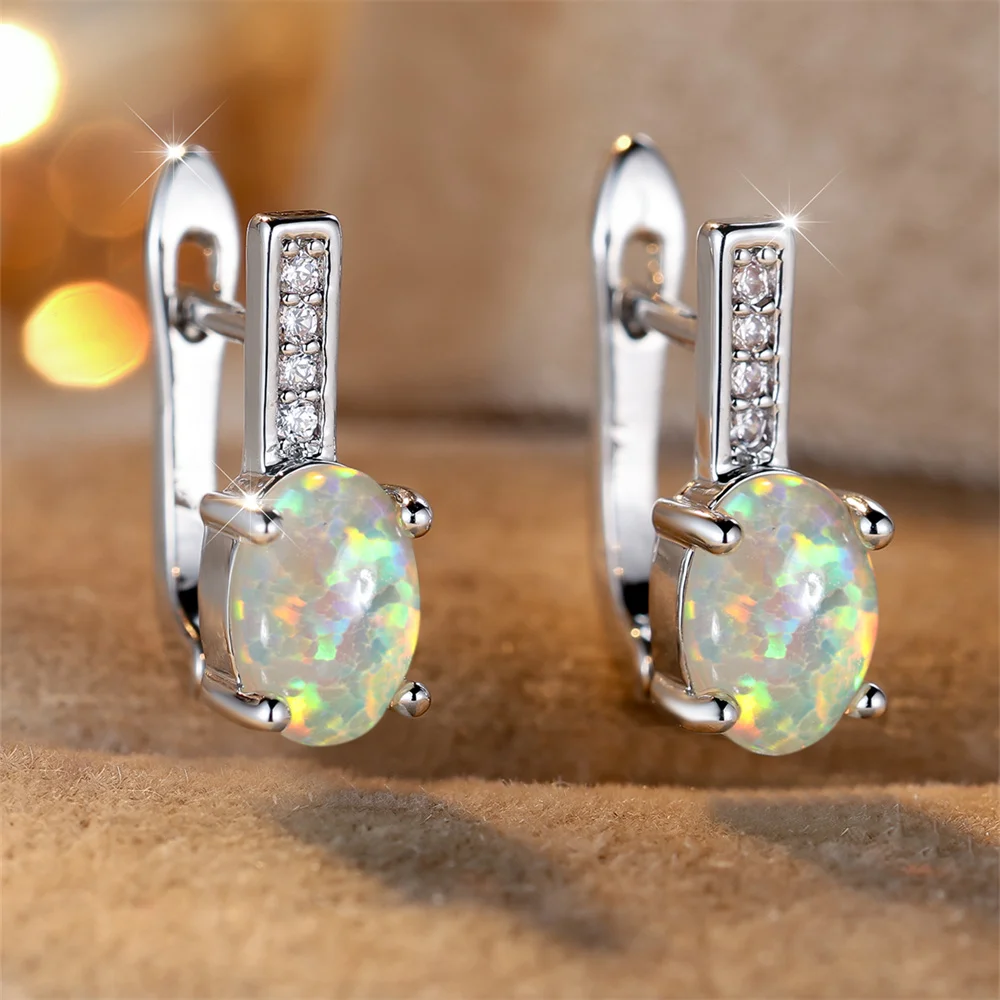 High Quality White Blue Green Purple Opal Oval Stone Hoop Earrings For Women Vintage Fashion Silver Color Wedding Jewelry