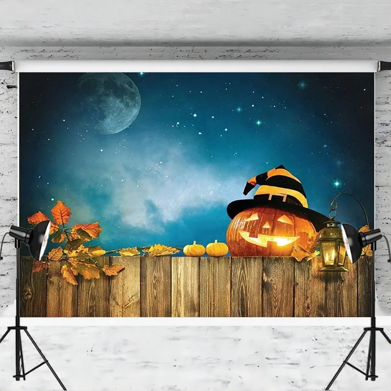 Halloween Party Decoration Backdrop Pumpkin Head Jack Lantern On Wooden Fence Photography Background Photo Booth Studio Props