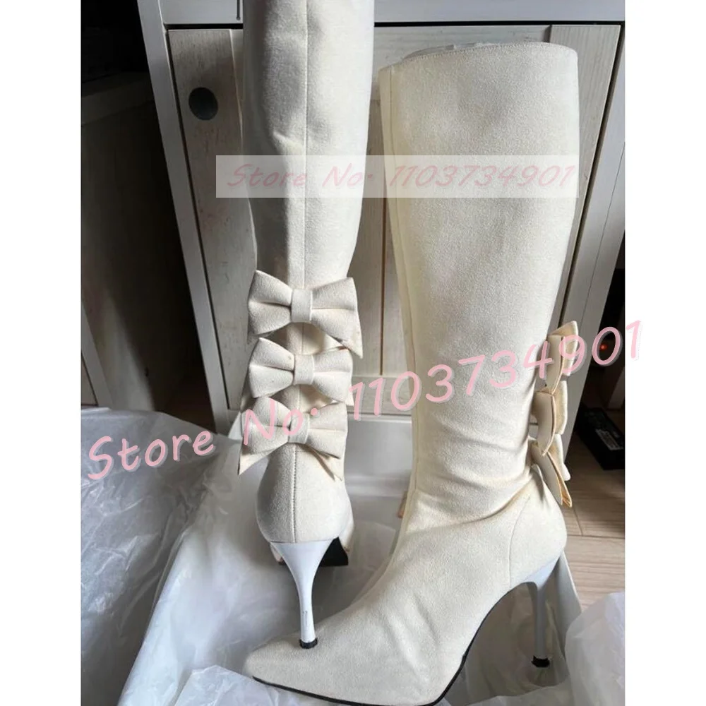 Back Bowknots White Flock Knee High Boots Women Lovely Fur Wrap Pointed Toe Butterfly Shoes Girls Novelty Pink Lolita Long Boots