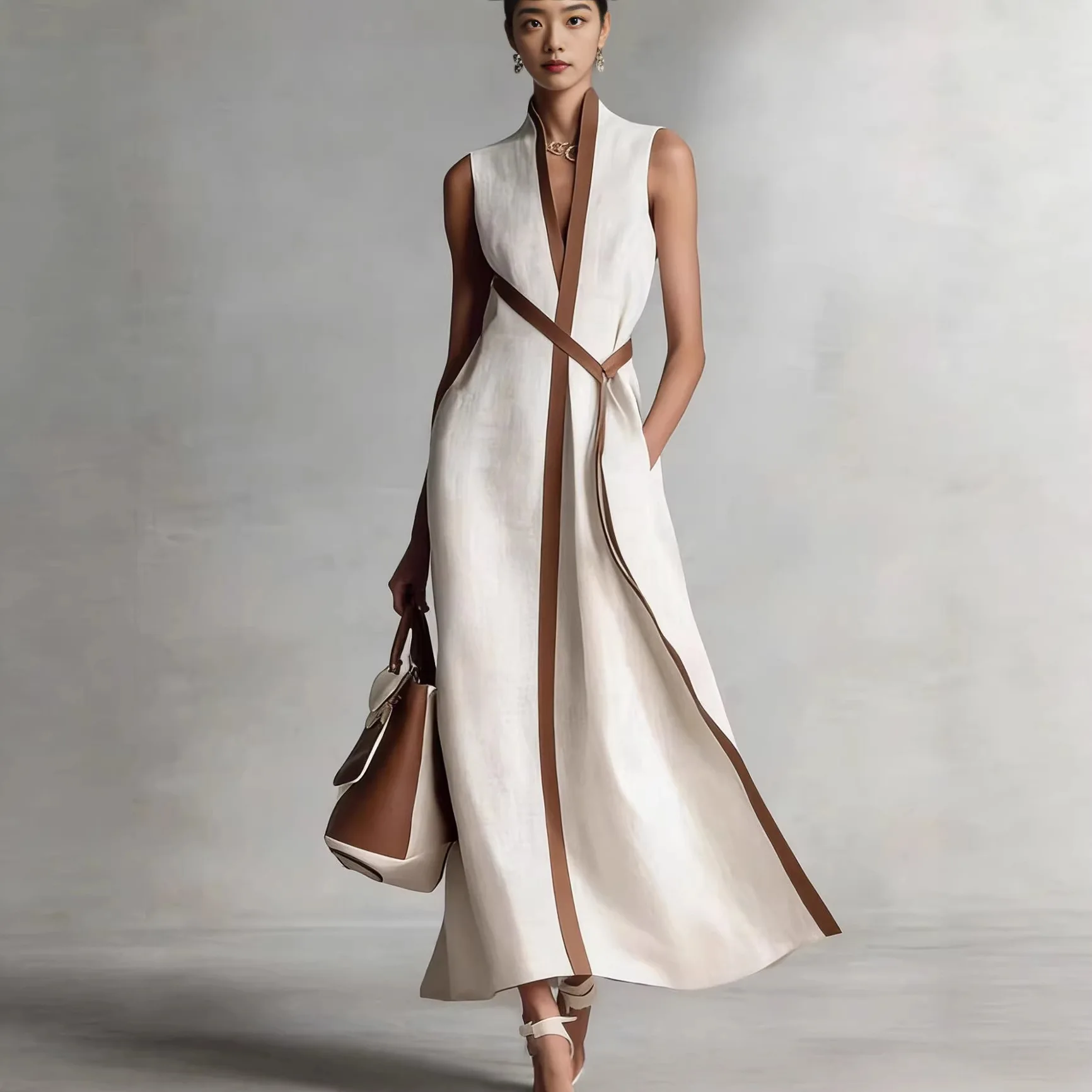 Elegant Women's Sleeveless V Neck Maxi Dress Color Block Contrast Trim Long Dress with Pockets Summer Party Banquet Vestido