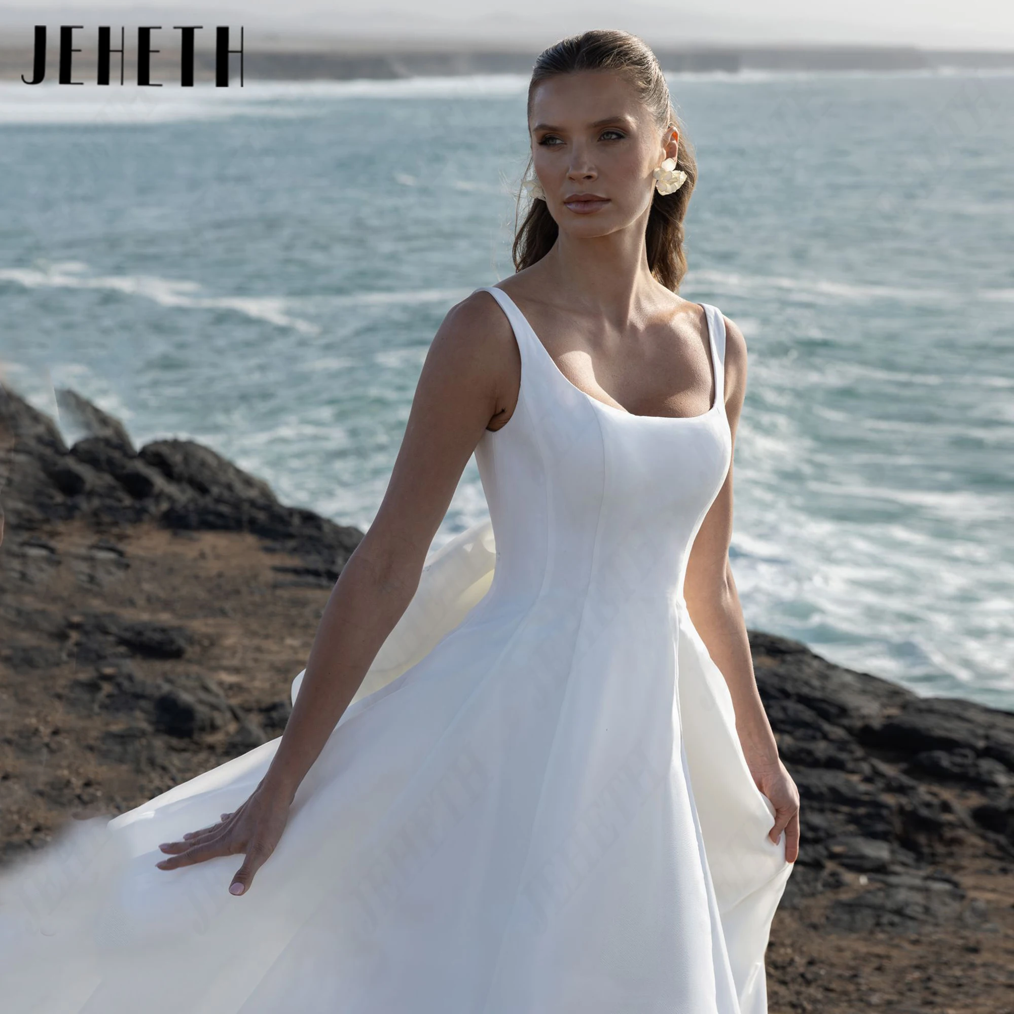 JEHETH With Bow Back Sleeveless Bridal Gown A-Line Court Train Custom Made Bride Dresses Square Neckline Spaghetti Straps Simple