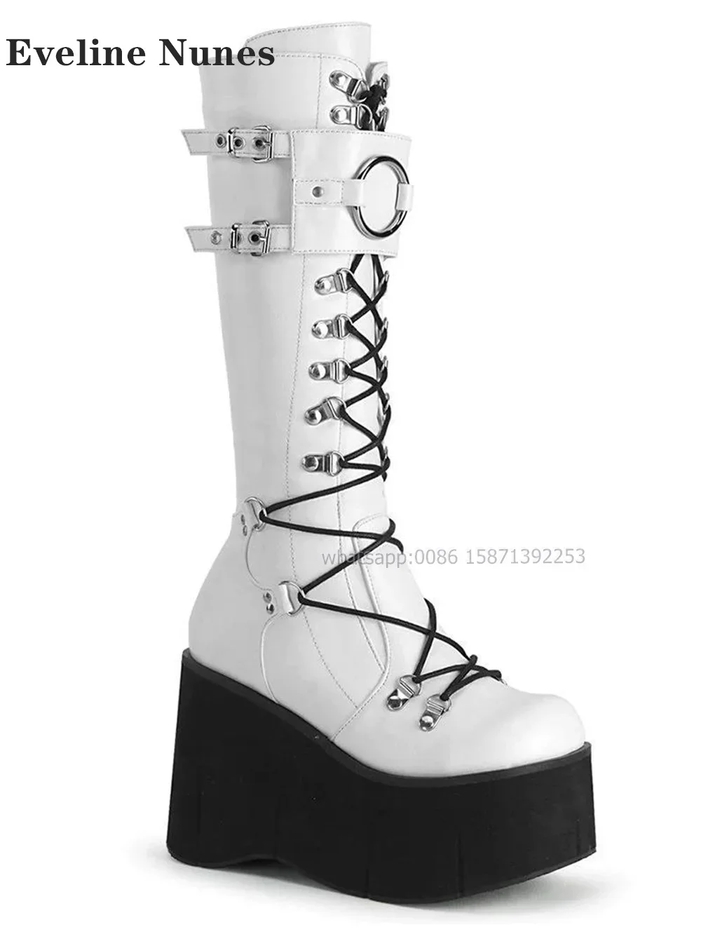 Round Toe Wedges Cross Tied Patchwork Zip Knee High Boots Metal Decoration Platform Motorcycle Boots  Big Size Belt Buckle Shoes view 3