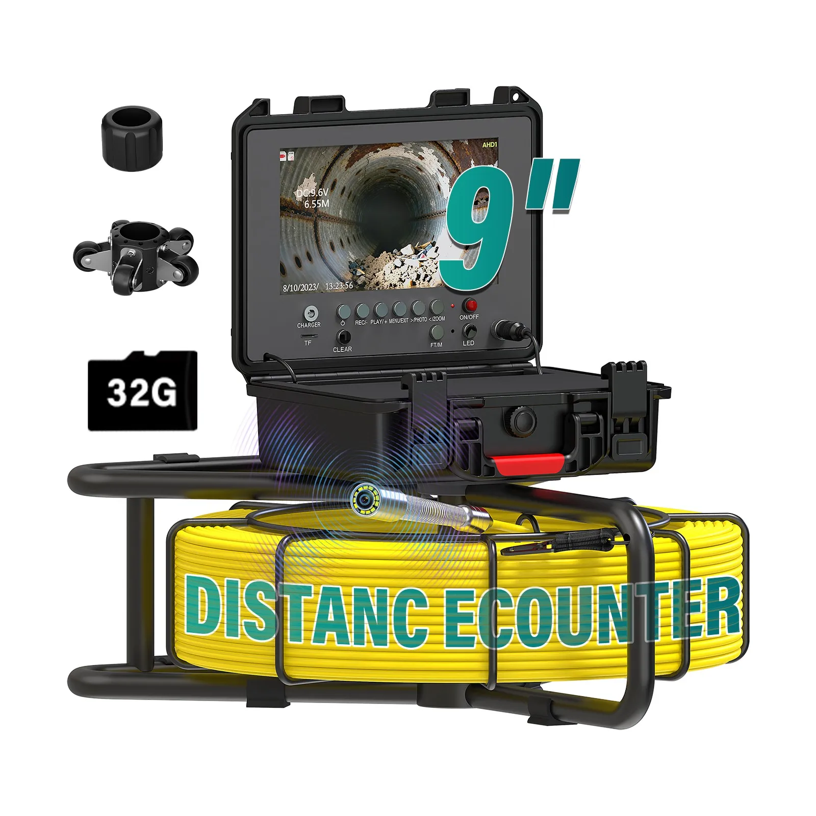 

Камера для осмотра канализации 60 м, 9-дюймовый IPS-экран, передатчик 512 Гц, самовыравнивающийся счетчик метража, кабель 7 мм, DVR 32 ГБ, 1080P, эндоскоп для инспекции дренажных труб