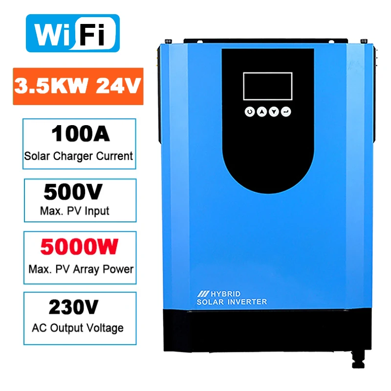 

3.5KW/5KW Solar Hybrid Inverter with MPPT SCC Wide PV Input Range 120VDC-500VDC 100A 24V Battery Voltage Pure Sine Wave Inverter