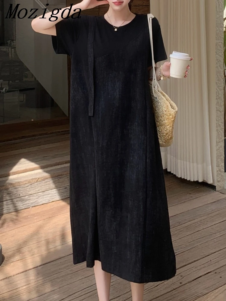 Summer Patchwork Black T Shirt Dress Women Loose Elegant Vintage Ladies Dresses Vestidos 2025 New
