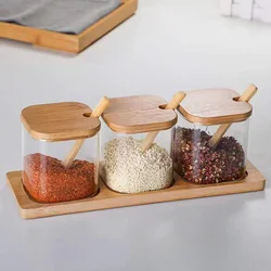 3pcs Set Glass Seasoning Jars with Bamboo Lid Spoon and Storage Tray Salt Sugar Spices Food Storage Container Kitchen Oraganizer