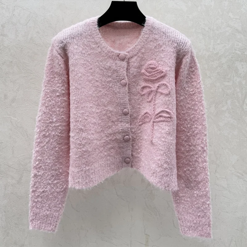 

Высококачественный шерстяной трикотаж, женский вязаный крючком женский кардиган с цветком розы, нежный и нежный стиль для девочек 25122239