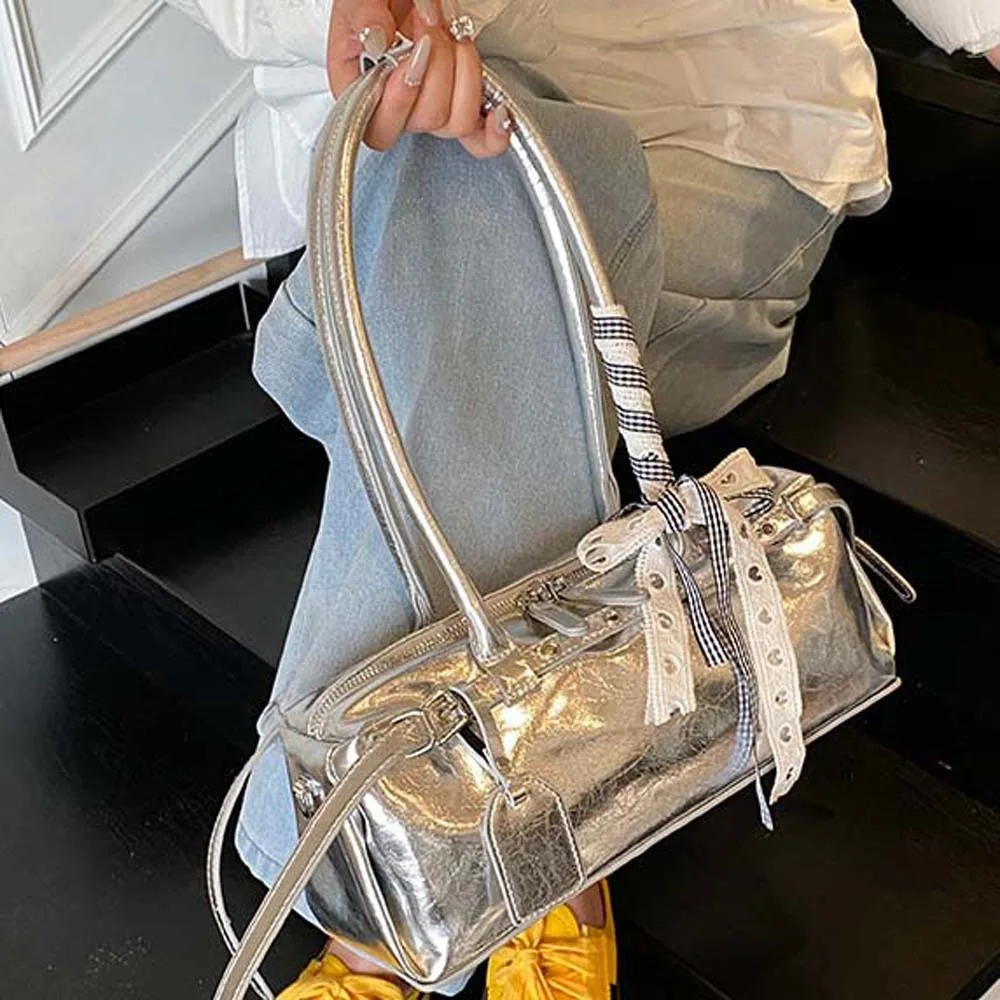 

Solid Color French Stick Handbag Bow Ribbon High Quality Silver PU Shoulder Bag Y2K Texture Cylinder Underarm Bags Daily