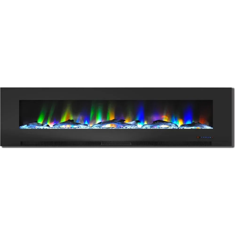 78 pulgadas Calentador eléctrico de chimenea montado en la pared, dispositivo negro con pantalla de madera de deriva de llama multicolor, carga de calor ajustable, gratis