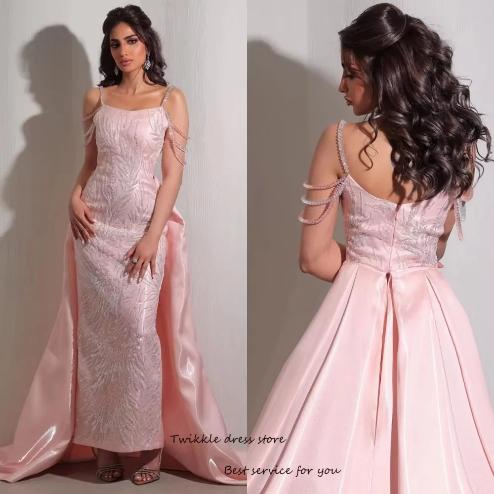 Pink Luxury Lace Evening Dresses with Panel Spaghetti Strap Sexy Prom Dress Floor Length Pearls Embellished Gowns Customized