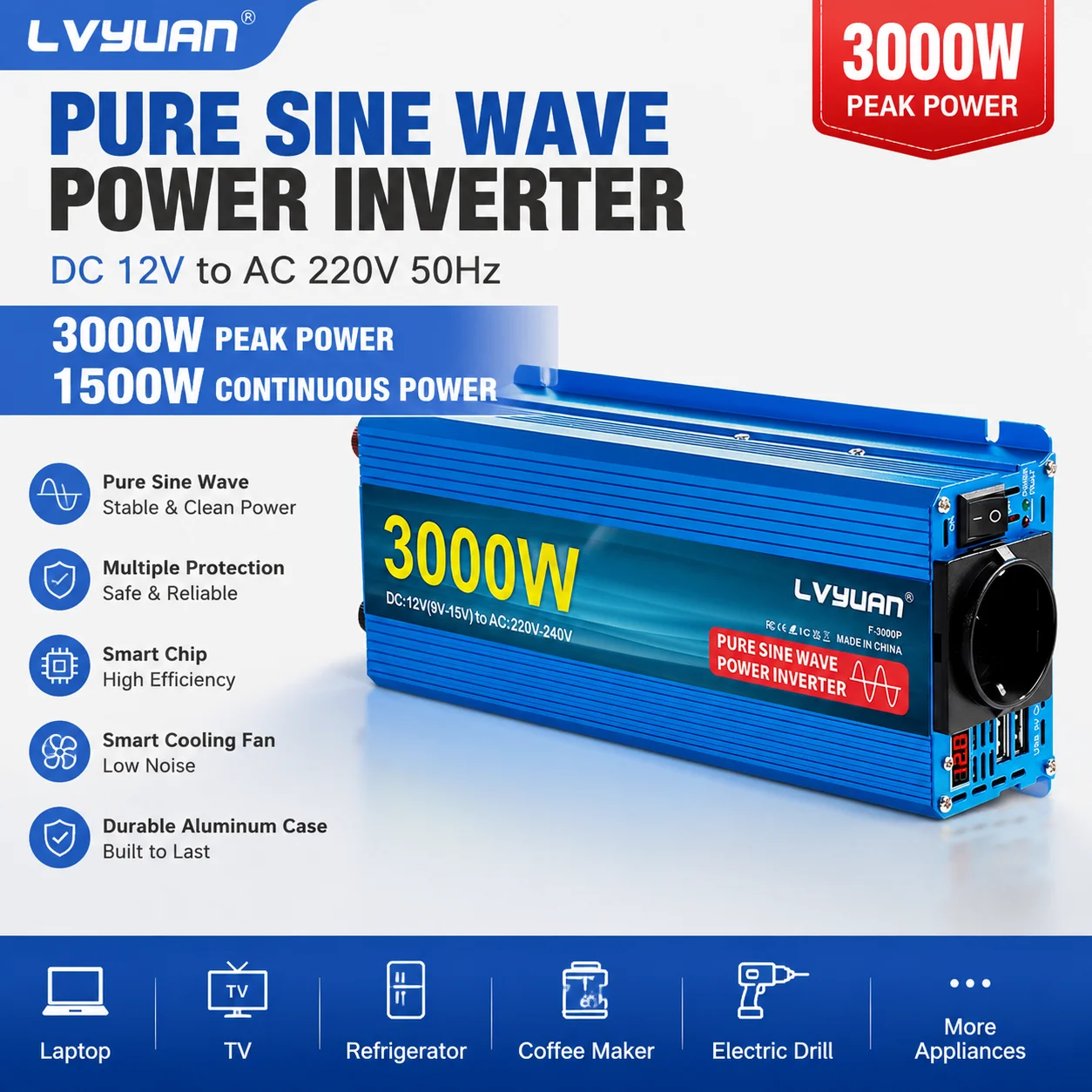 Reiner Sinus-Wechselrichter 1200W/1600W/2500W/3000W DC 12V zu AC 220V 230V Spannungsumwandler Ladeadapter EU-Steckdose