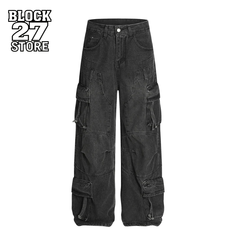 New Y2K Gothic Multi Pocket Cargo Jeans Men Baggy Straight Streetwear Mid Waist Casual Fashion Trousers Harajuku Hip Hop Unisex